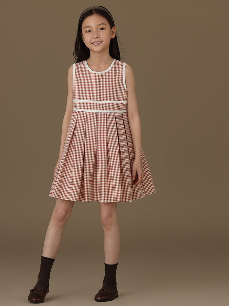 K3026 - Checked white piping sleeveless dress