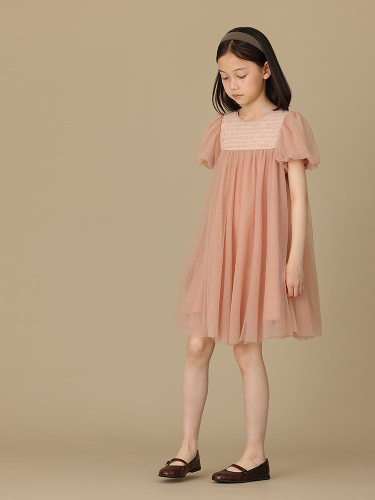 K5025 - Puff sleeves tulle dress with décolleté switching