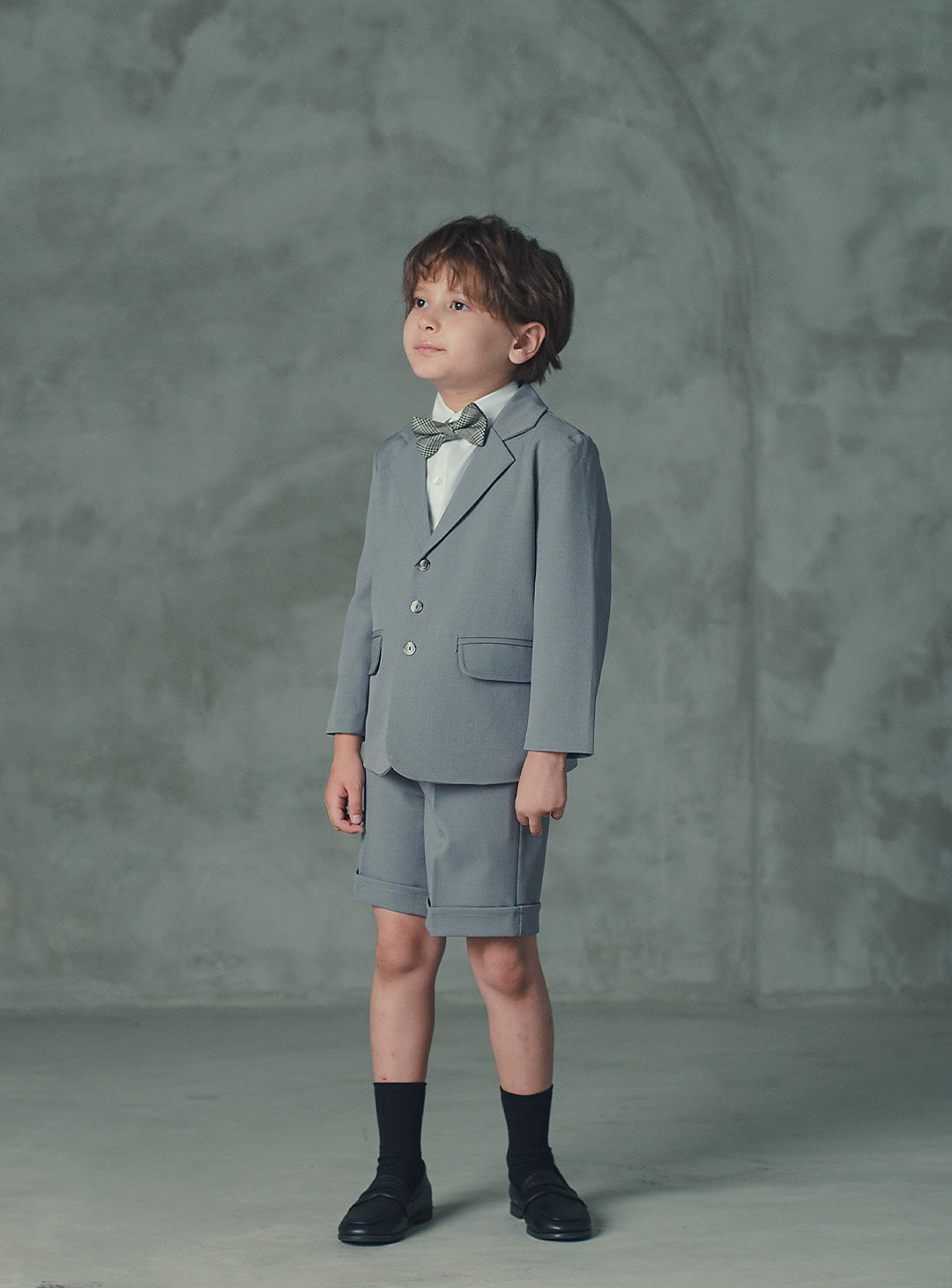 アーサーライトグレー3ボタンハーフパンツスーツセット(ジャケット、半ズボン)