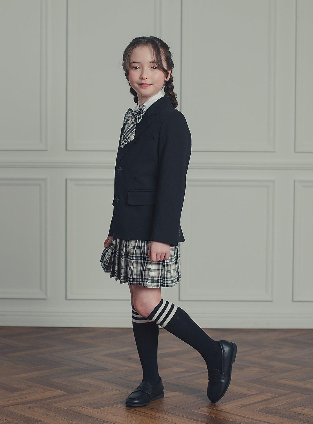 エリスブラックウール混ジャケットチェックスカート2ピースセット(ジャケット、スカート)