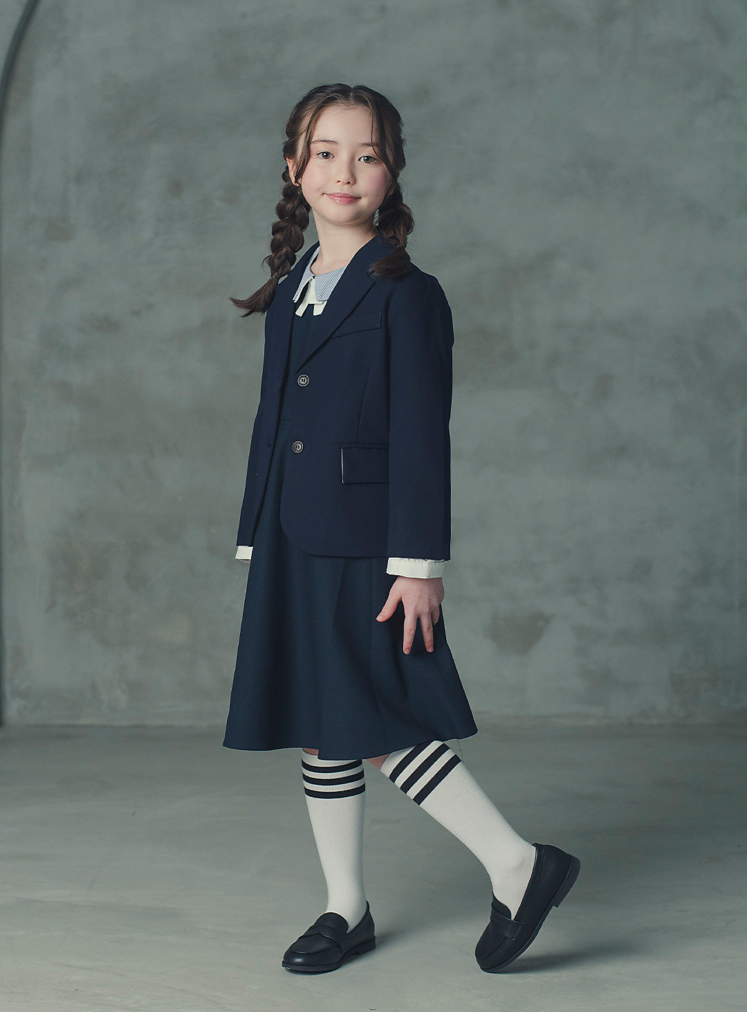 モーブネイビーシングルジャケット＋ネイビーバイカラーフェイクワンピース