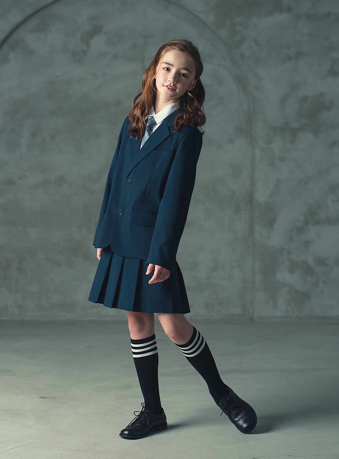 エマネイビーウール混ジャケットプリーツスカート2ピースセット(ジャケット、スカート)