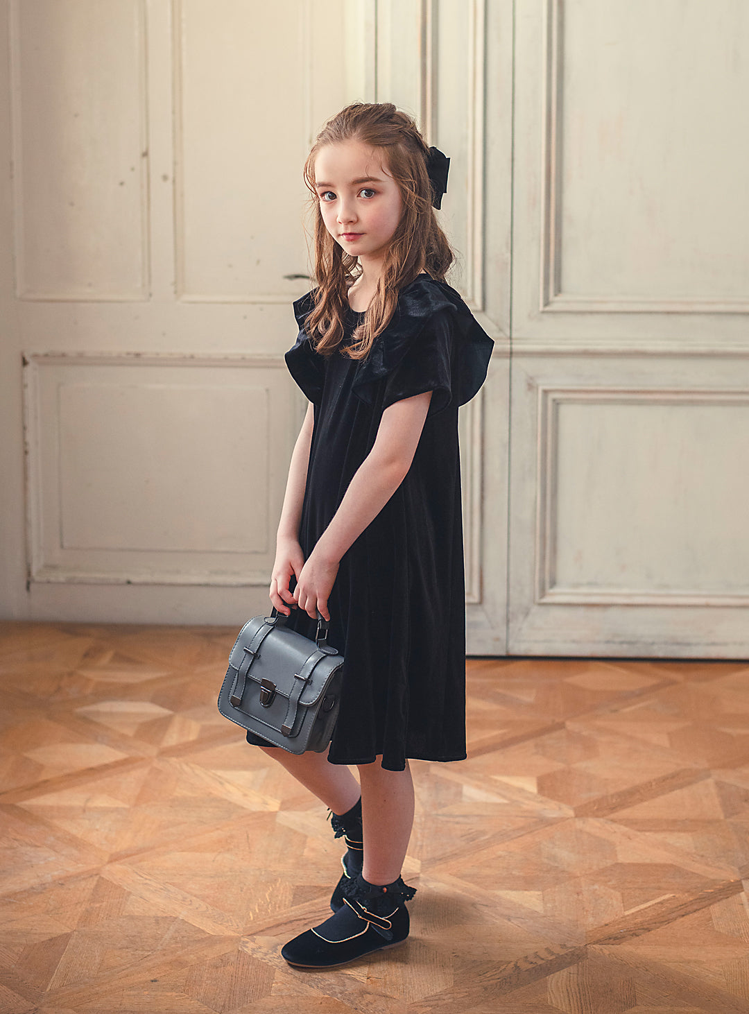 K3052 - Black velvet ruffle dress