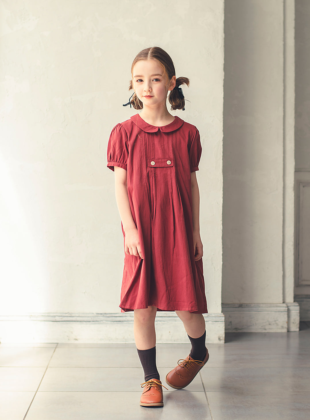 K3038 - Apple red puff sleeve cotton dress