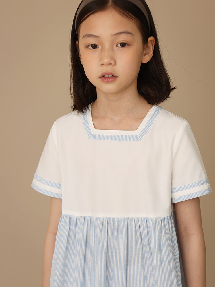 K5009 - Blue stripe square neck short sleeve dress