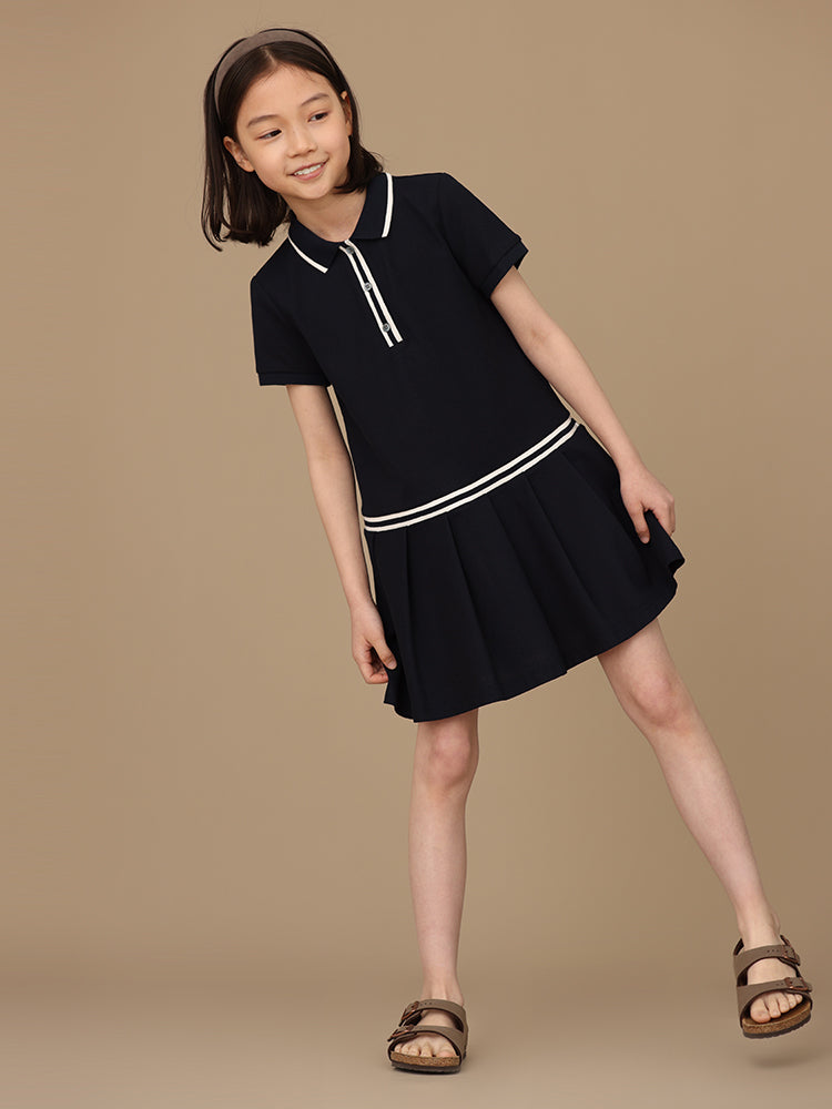 K4019 - Navy turtle neck pleated transitional dress