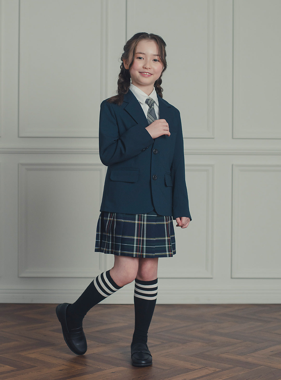 エマネイビーウール混ジャケットチェックスカート2ピースセット(ジャケット、スカート)