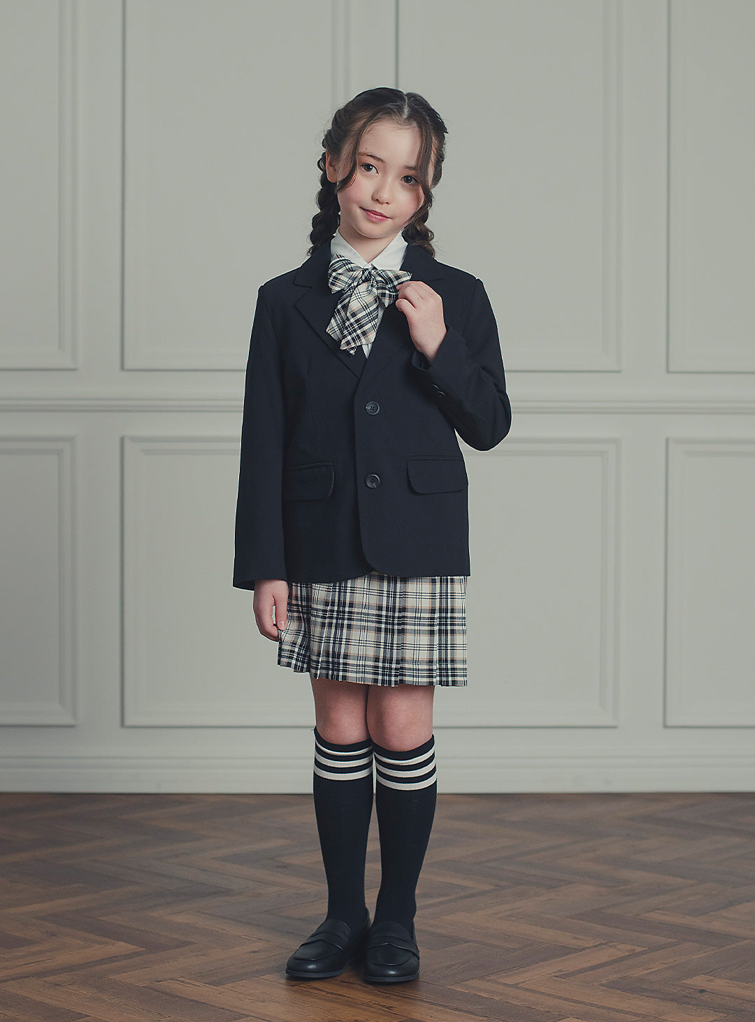 エリスブラックウール混ジャケットチェックスカート2ピースセット(ジャケット、スカート)