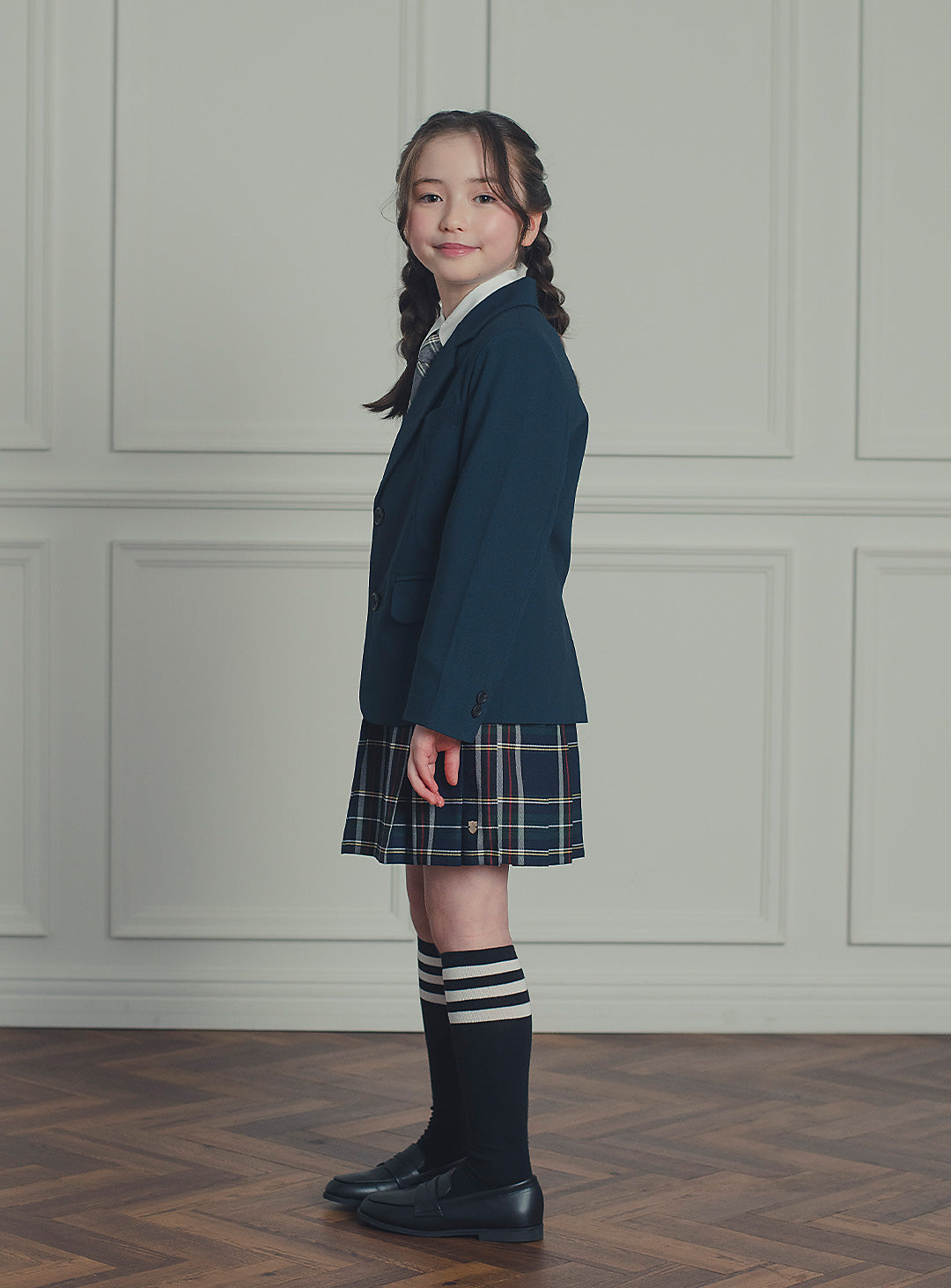エマネイビーウール混ジャケットチェックスカート2ピースセット(ジャケット、スカート)