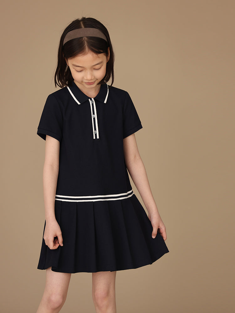 K4019 - Navy turtle neck pleated transitional dress