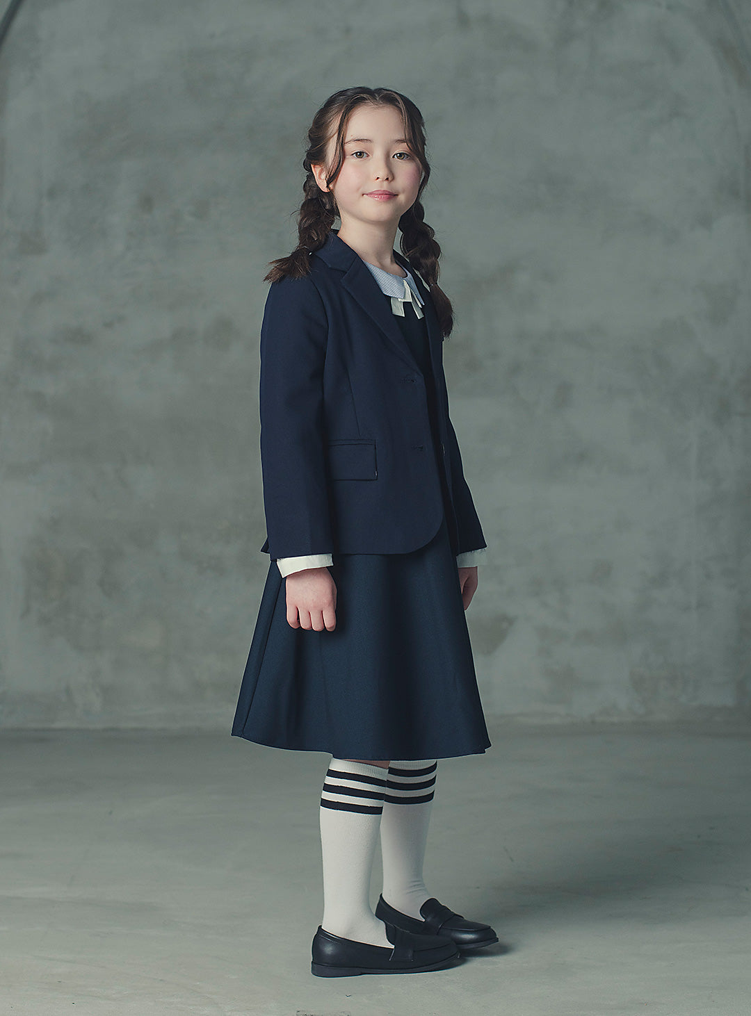 モーブネイビーシングルジャケット＋ネイビーバイカラーフェイクワンピース