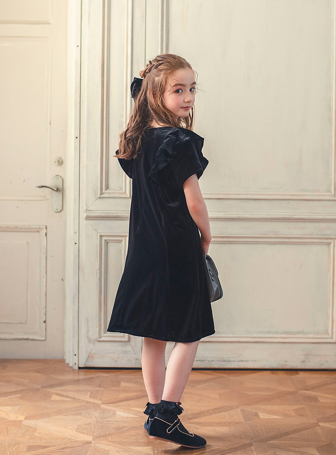 K3052 - Black velvet ruffle dress