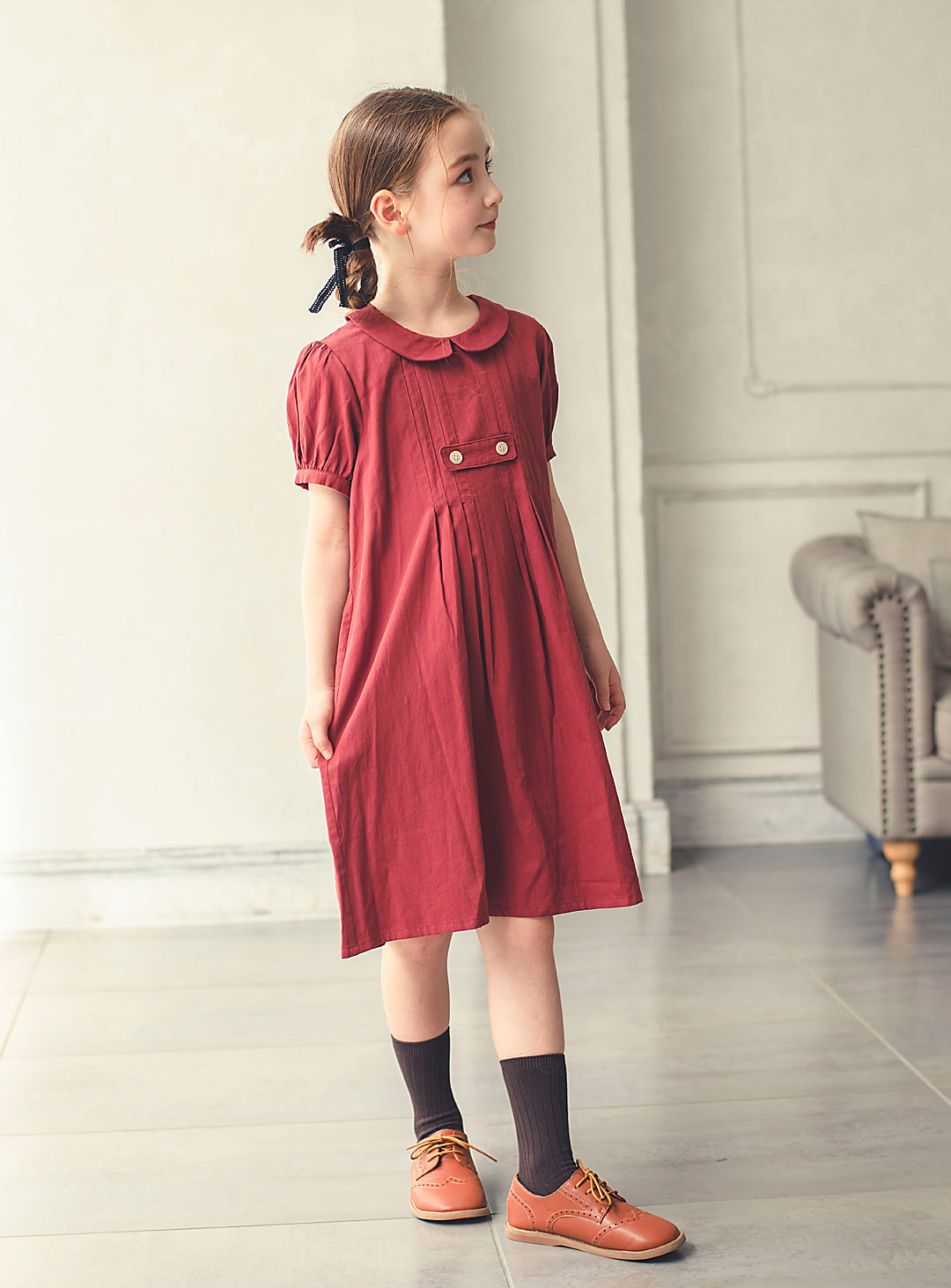 K3038 - Apple red puff sleeve cotton dress