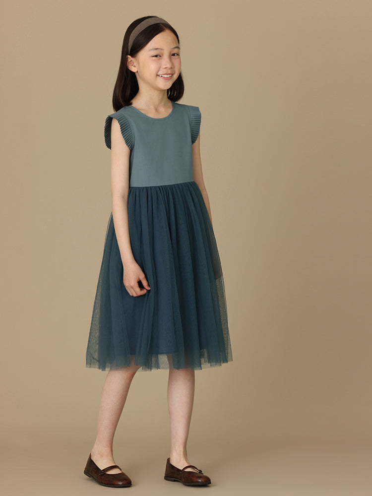 K6030 - Green grey organ pleated tulle dress