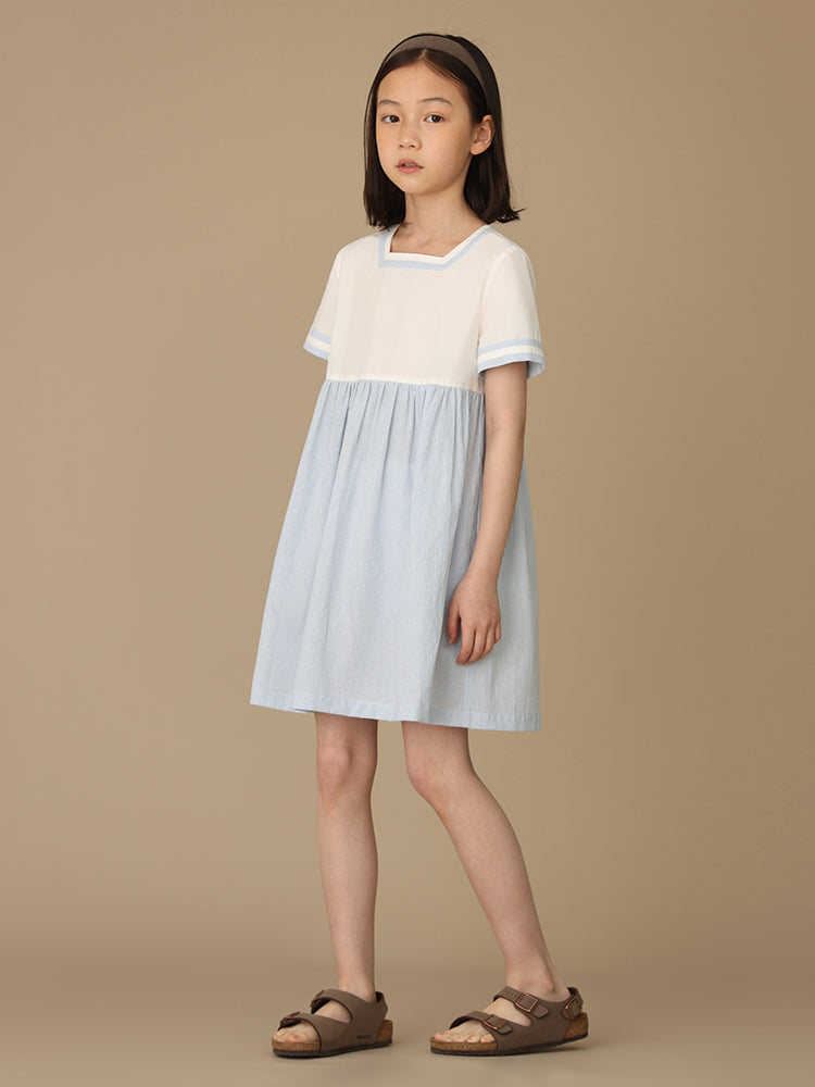 K5009 - Blue stripe square neck short sleeve dress