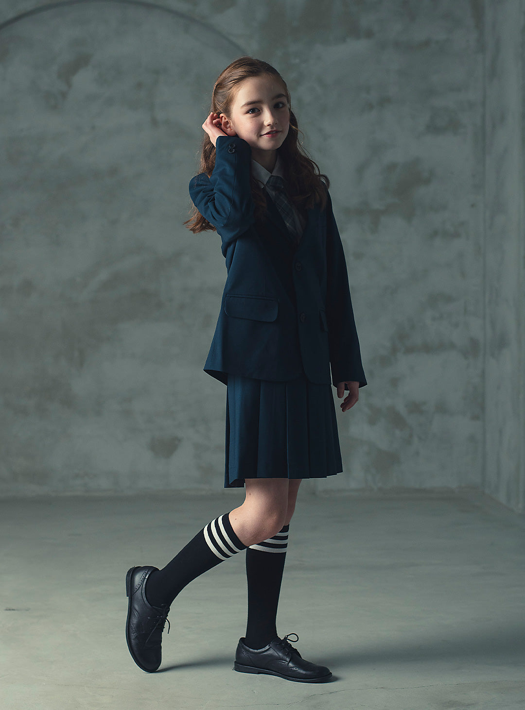 エマネイビーウール混ジャケットプリーツスカート2ピースセット(ジャケット、スカート)