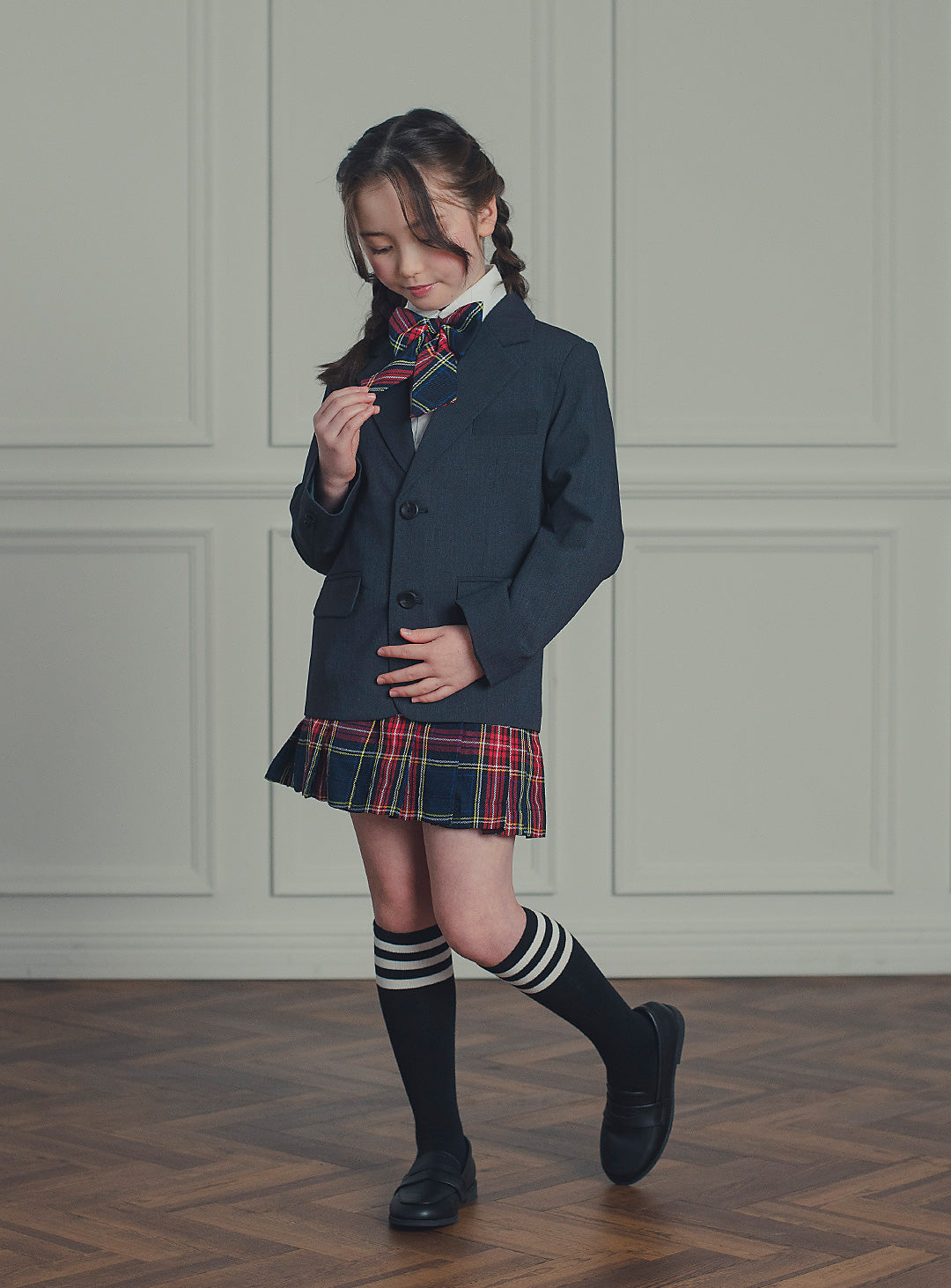 アメリアチャコールウールジャケットレッドチェックスカート2ピースセット(ジャケット、スカート)