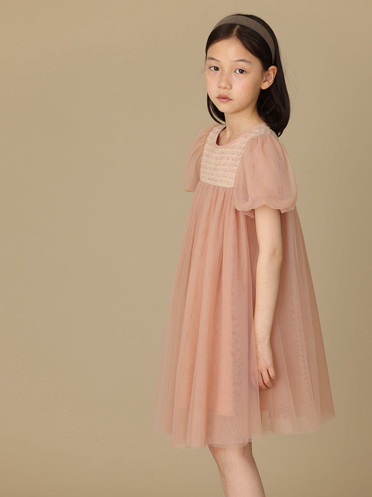 K5025 - Puff sleeves tulle dress with décolleté switching