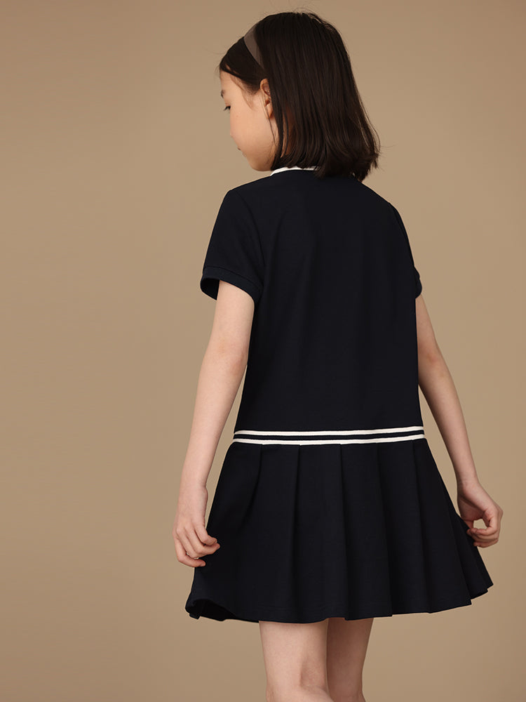 K4019 - Navy turtle neck pleated transitional dress