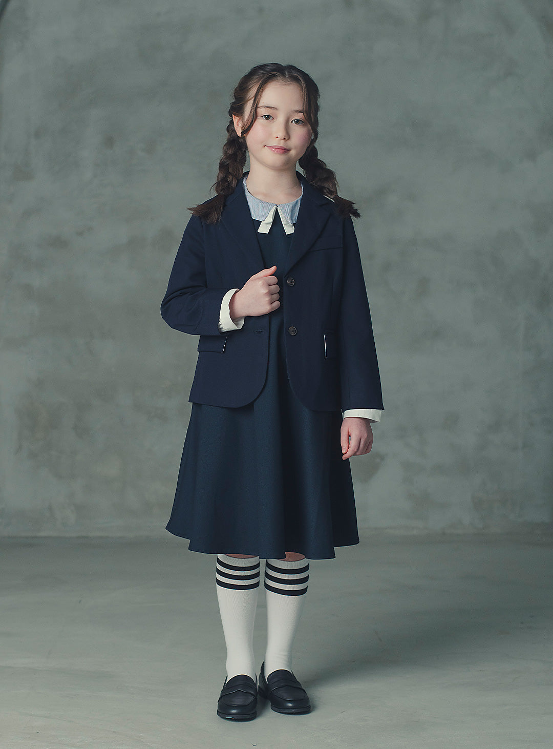 モーブネイビーシングルジャケット＋ネイビーバイカラーフェイクワンピース