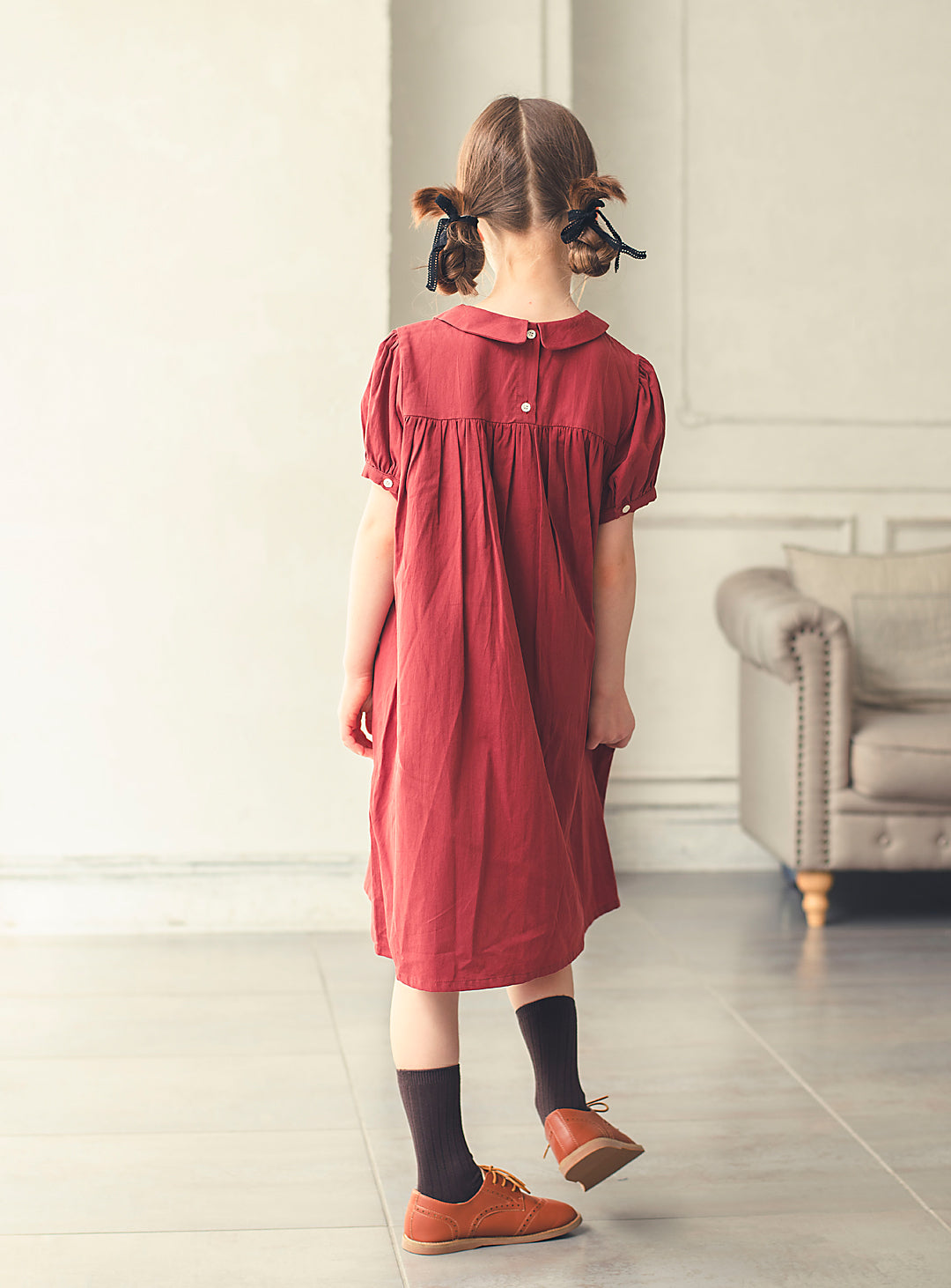 K3038 - Apple red puff sleeve cotton dress