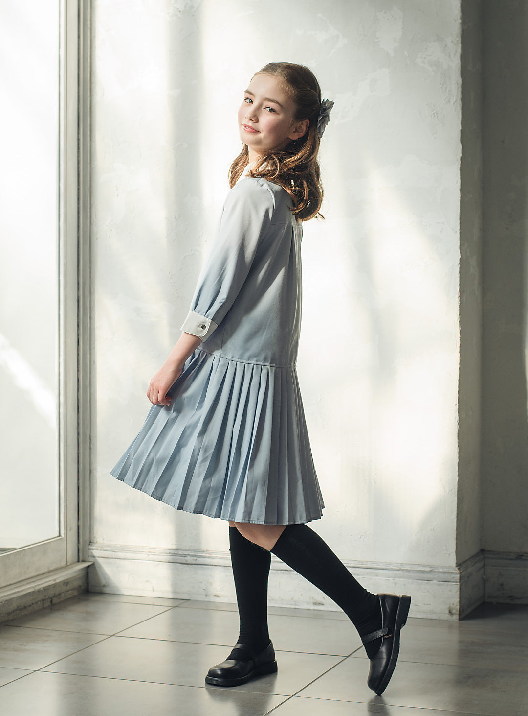 ブルーグレープリーツシャツワンピース