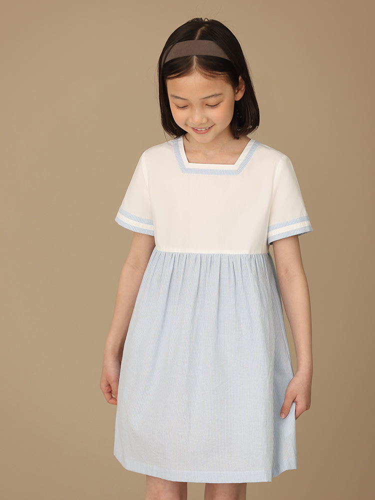 K5009 - Blue stripe square neck short sleeve dress