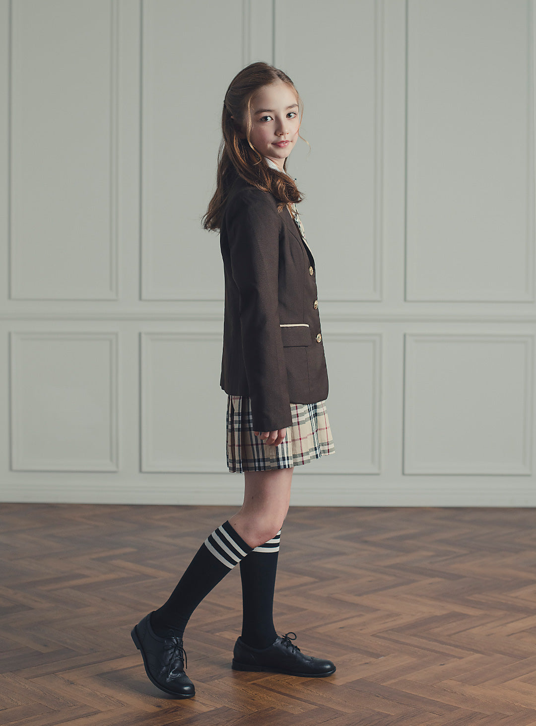 セリーナブラウンパイピングジャケットチェックプリーツスカート2ピースセット(ジャケット、スカート)