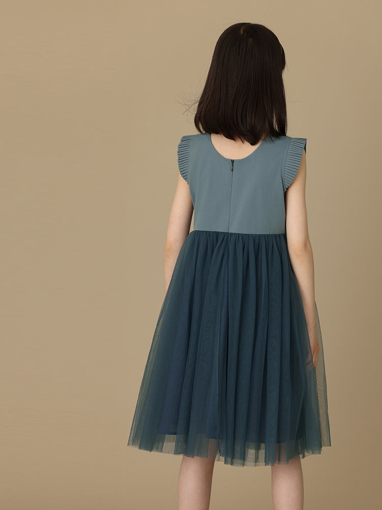 K6030 - Green grey organ pleated tulle dress