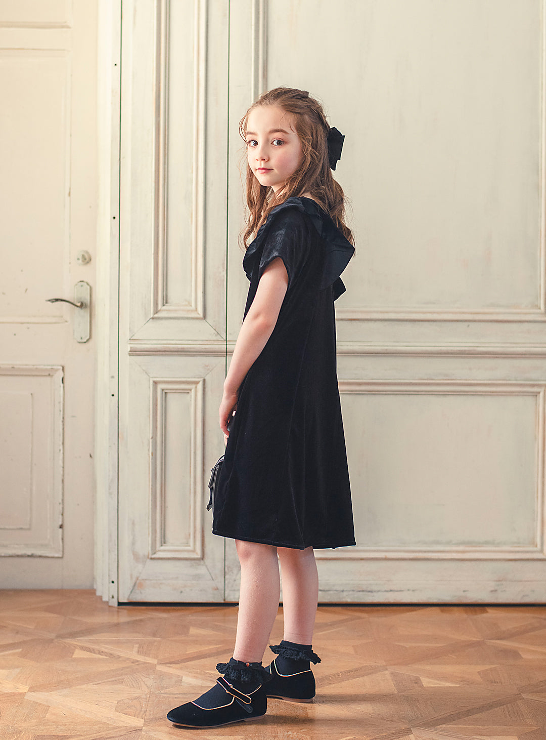 K3052 - Black velvet ruffle dress