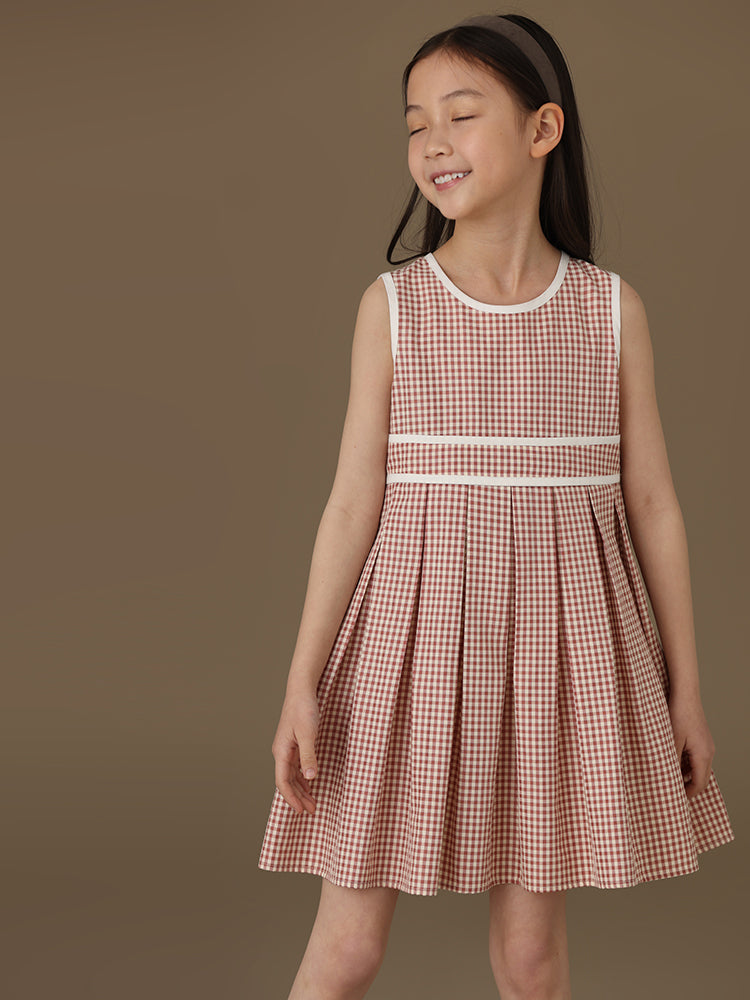 K3026 - Checked white piping sleeveless dress