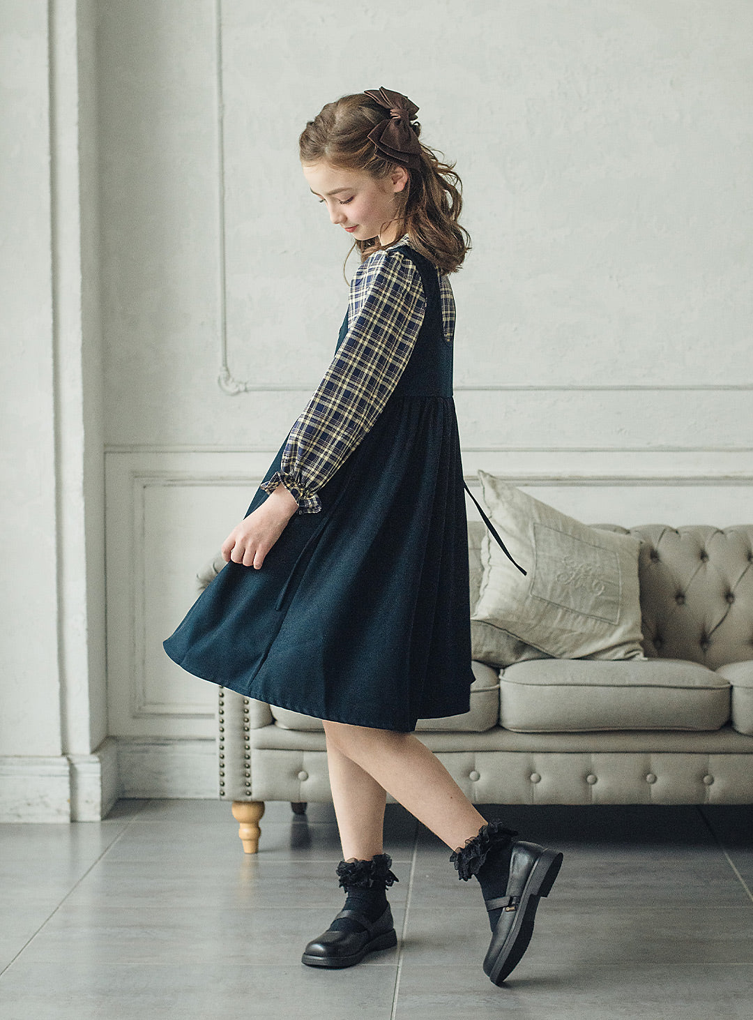 チェックブラウス×ジャンパースカートセットアップ