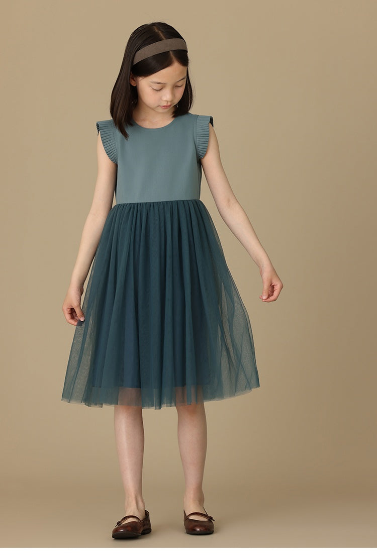 K6030 - Green grey organ pleated tulle dress