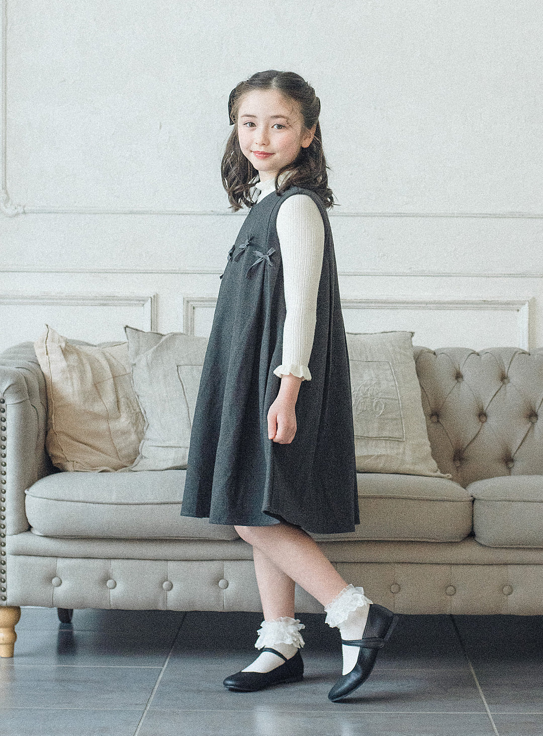 グレーリボンフレアワンピース