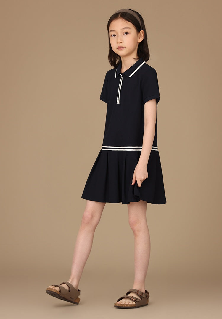 K4019 - Navy turtle neck pleated transitional dress