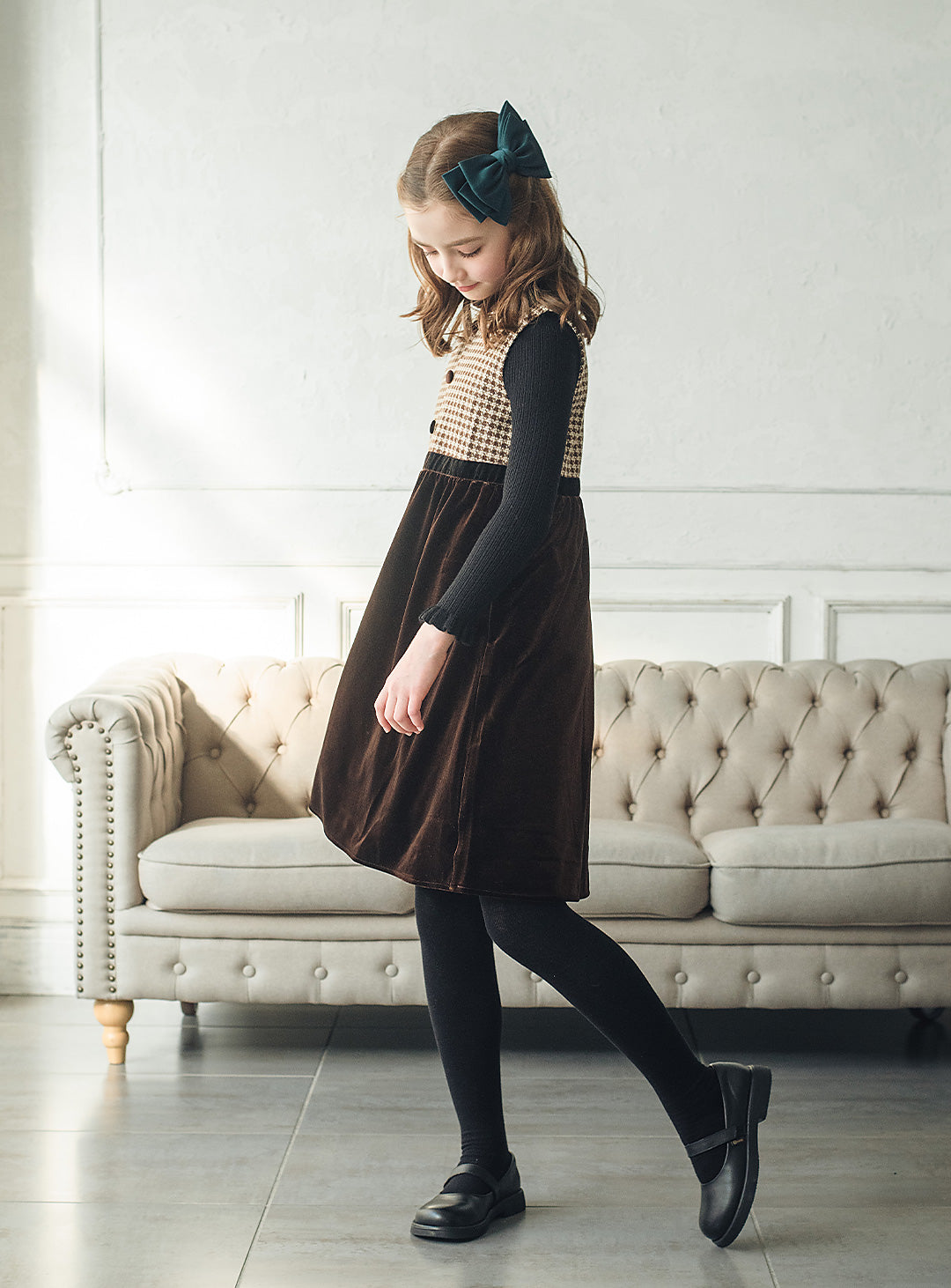 ヘリンボーン×ベロア切り替えワンピース