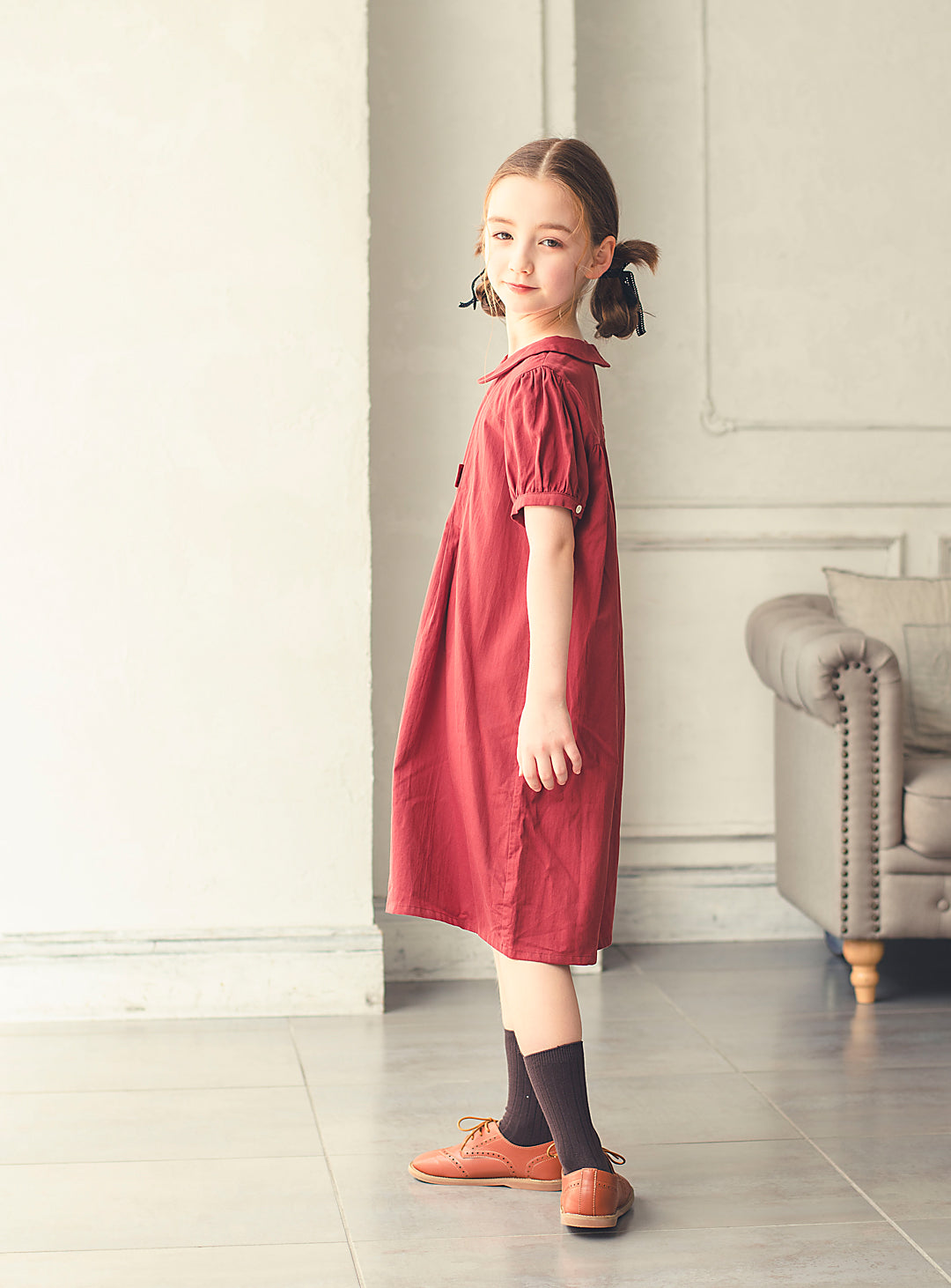 K3038 - Apple red puff sleeve cotton dress