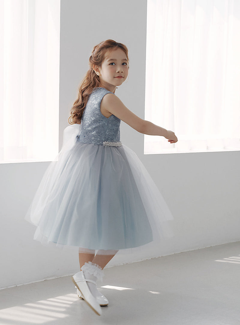 子供ドレス発表会・結婚式・おしゃれなDRESCCOのD-SU-217-ブルー×グレー刺繍ドレスの画像6