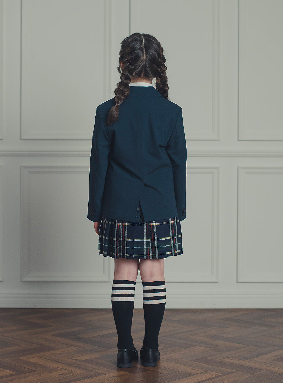 エマネイビーウール混ジャケットチェックスカート2ピースセット(ジャケット、スカート)