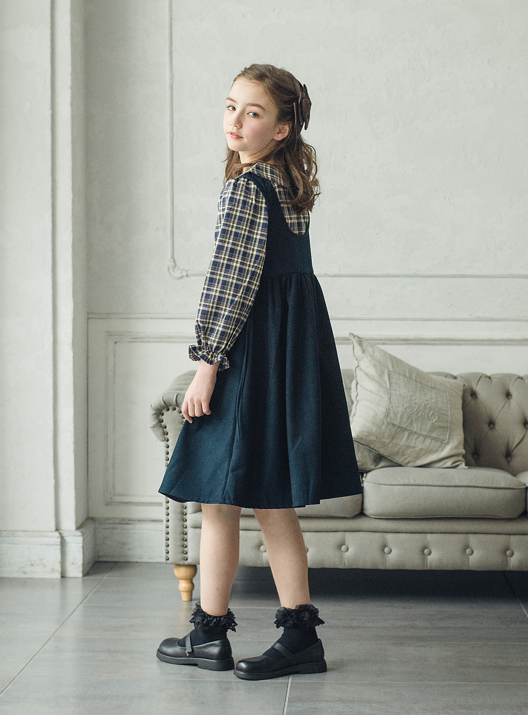 チェックブラウス×ジャンパースカートセットアップ