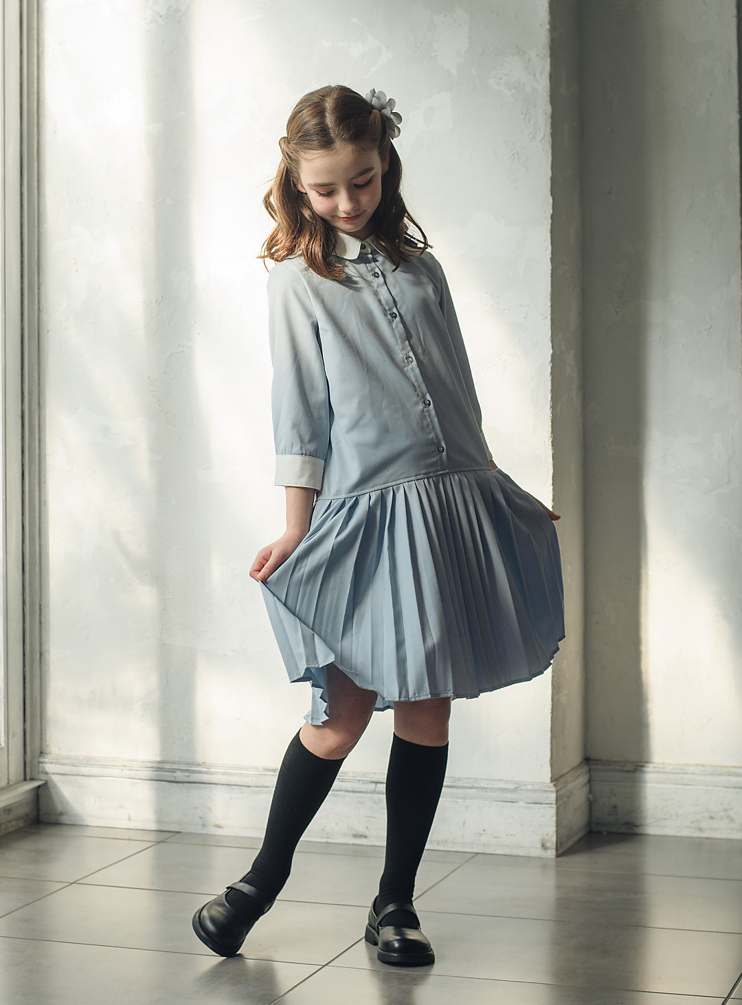 ブルーグレープリーツシャツワンピース