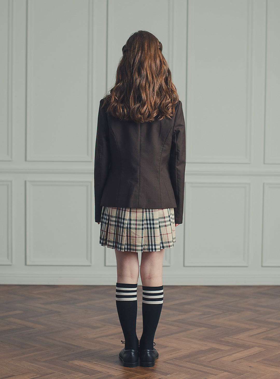 セリーナブラウンパイピングジャケットチェックプリーツスカート2ピースセット(ジャケット、スカート)