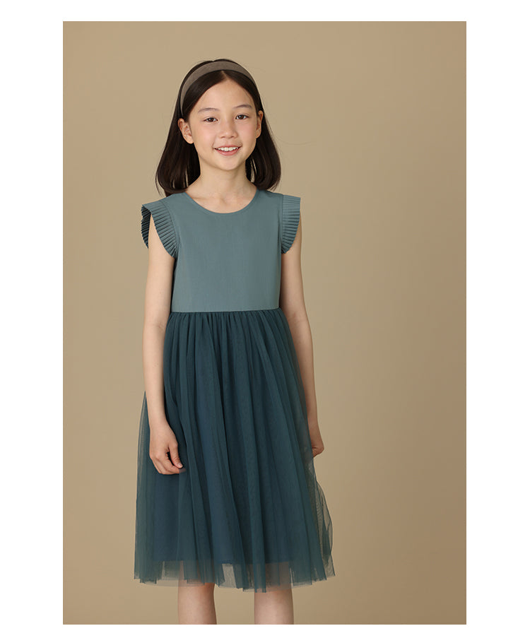 K6030 - Green grey organ pleated tulle dress