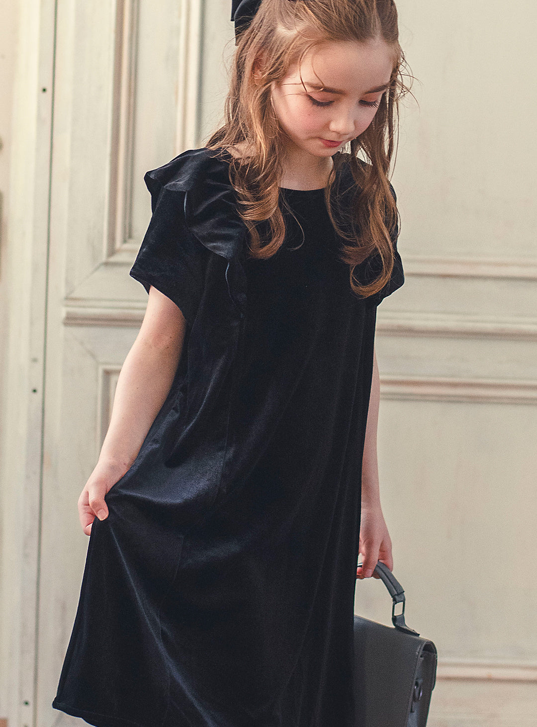 K3052 - Black velvet ruffle dress