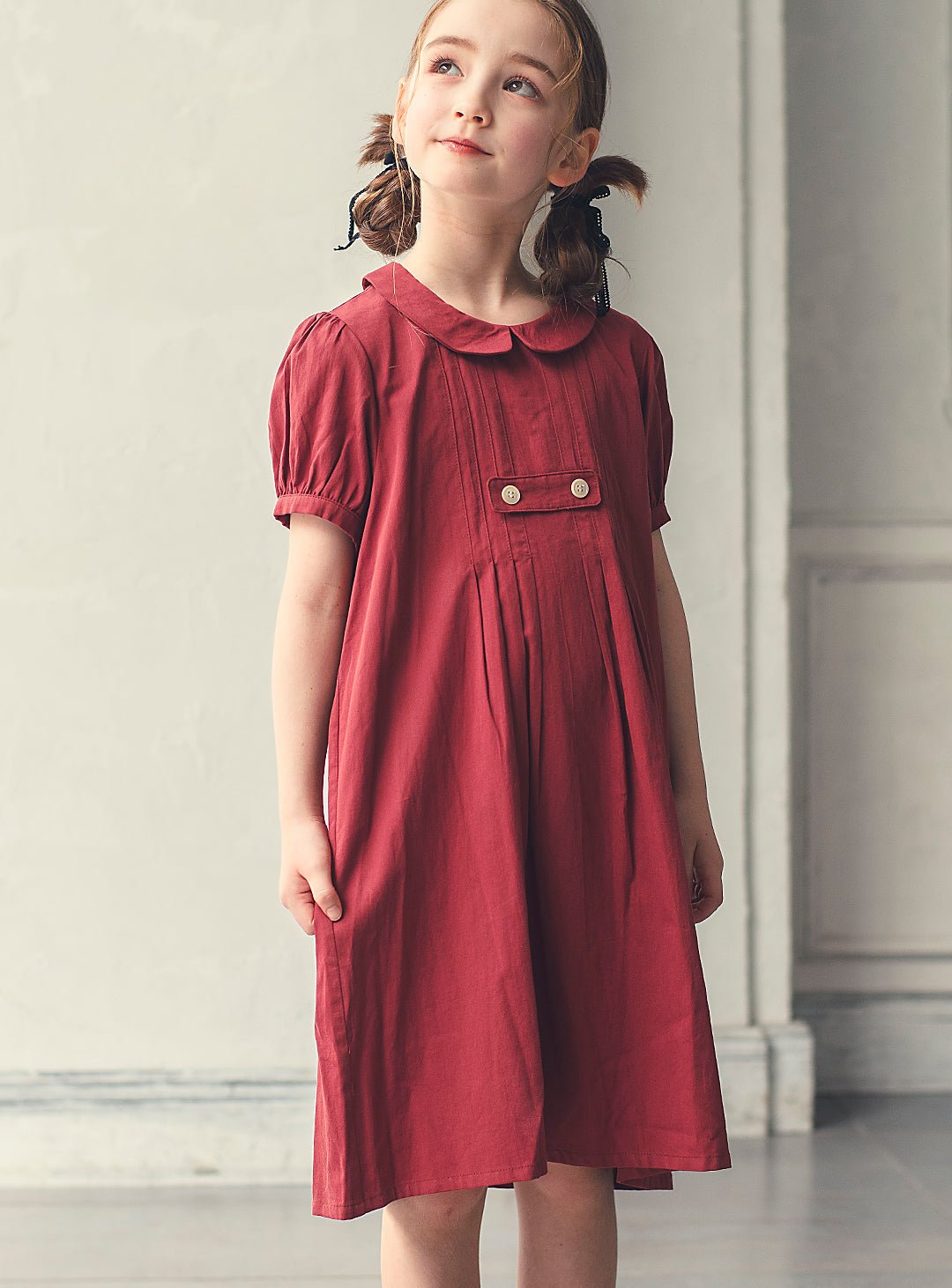 K3038 - Apple red puff sleeve cotton dress