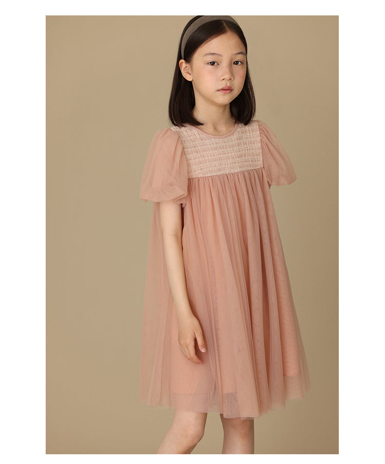 K5025 - Puff sleeves tulle dress with décolleté switching