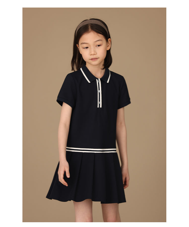 K4019 - Navy turtle neck pleated transitional dress