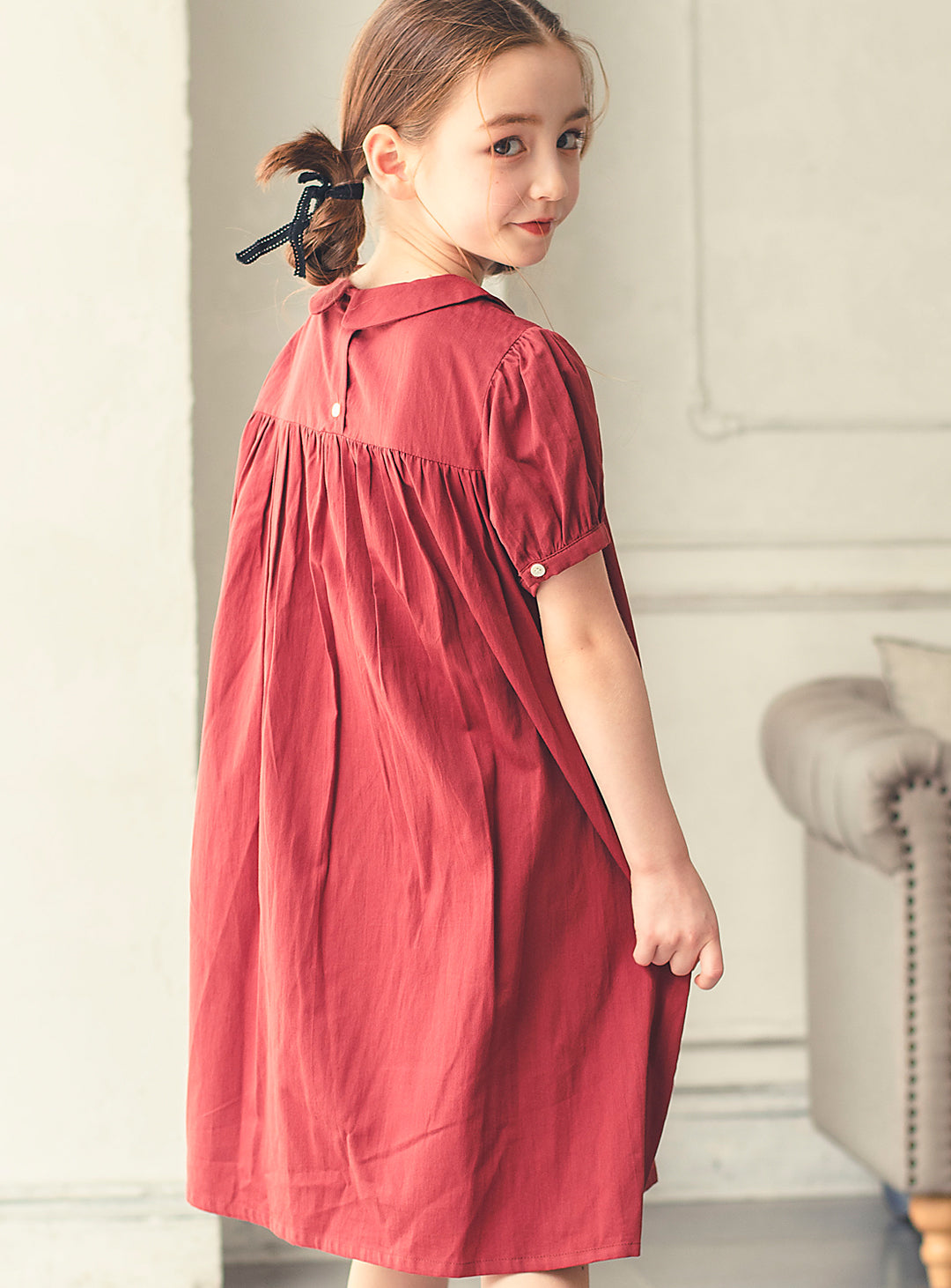 K3038 - Apple red puff sleeve cotton dress