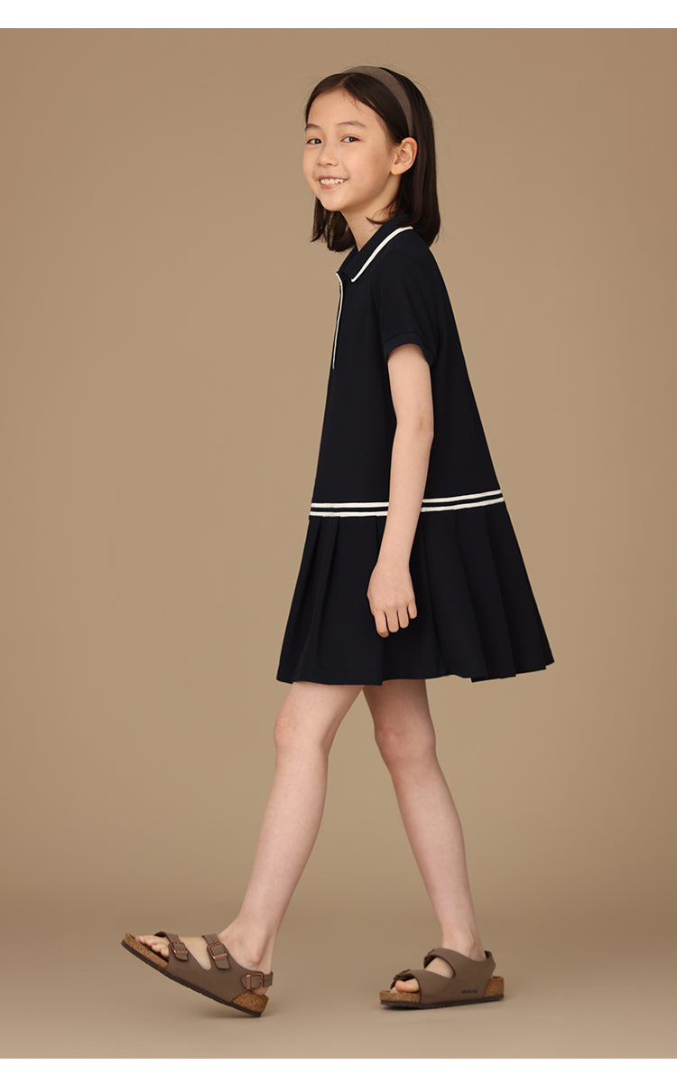 K4019 - Navy turtle neck pleated transitional dress