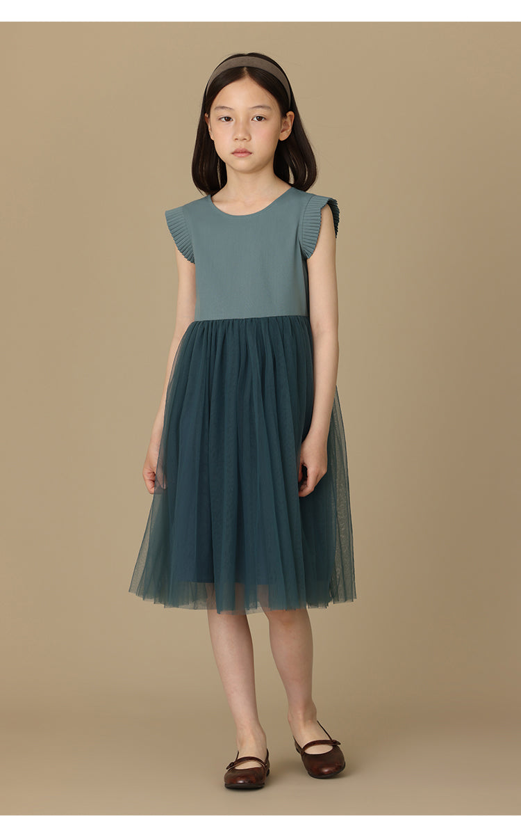 K6030 - Green grey organ pleated tulle dress